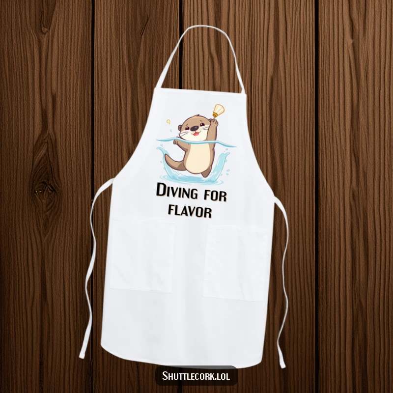 Funny apron design of a playful otter diving with a splash, enthusiastically attempting to catch a shuttlecock near the kitchen counter.