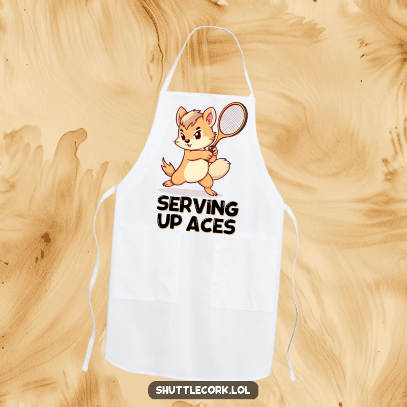 Funny apron: a determined creature with a fluffy tail swings a miniature racket with impressive speed and kitchen flair.