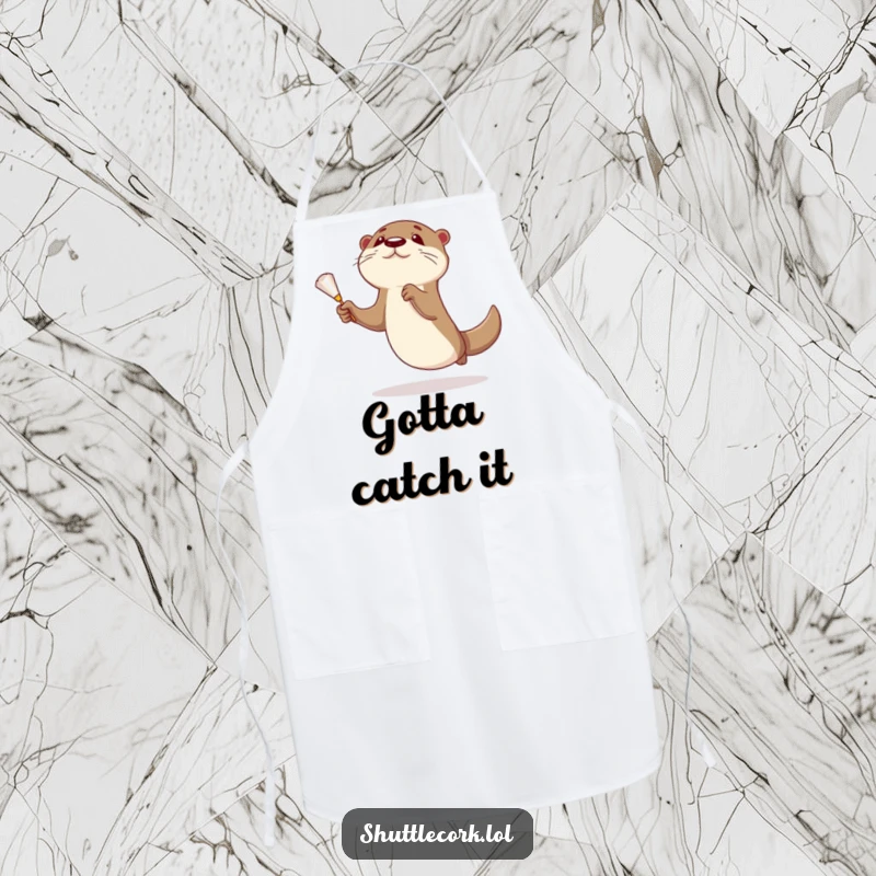 Funny otter apron featuring a curious otter leaping for a shuttlecock, bringing athletic and culinary humor to the kitchen.