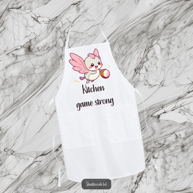 Funny apron: a speedy creature with tiny wings zips around a shuttlecock, eyes sparkling with playful kitchen excitement.