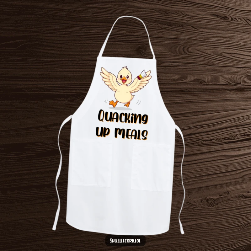 Funny apron design of an energetic duckling with wings spread wide, enthusiastically chasing a shuttlecock in a kitchen setting.