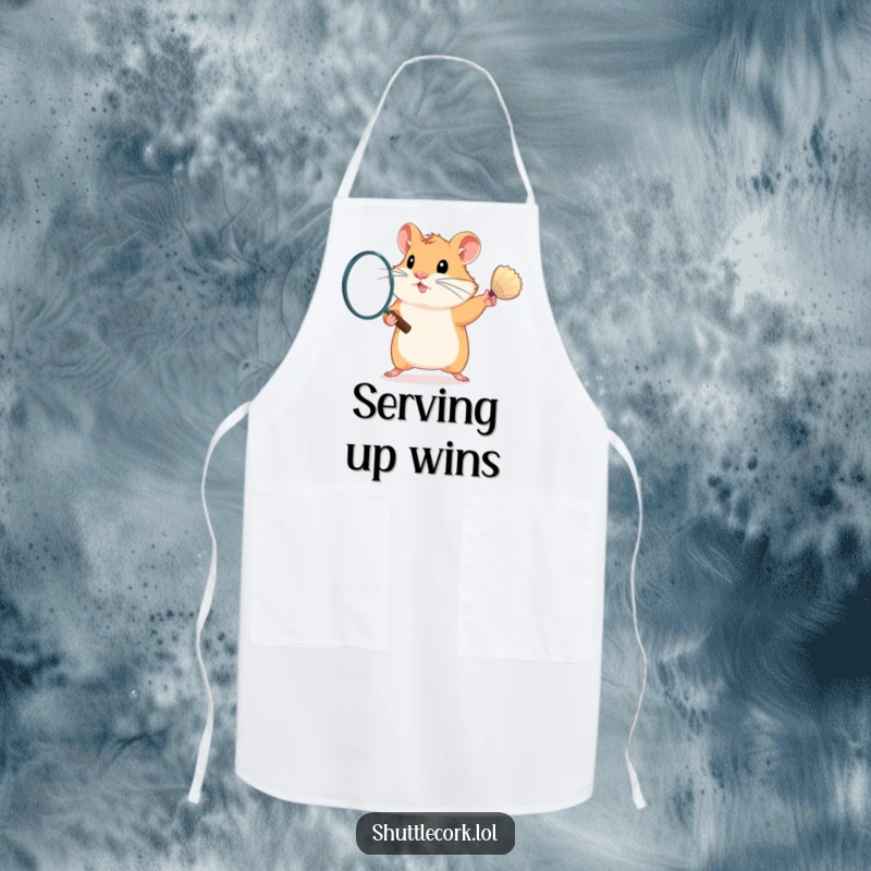 Funny apron design depicting a determined hamster swinging a badminton racket, ready to tackle culinary challenges with gusto.