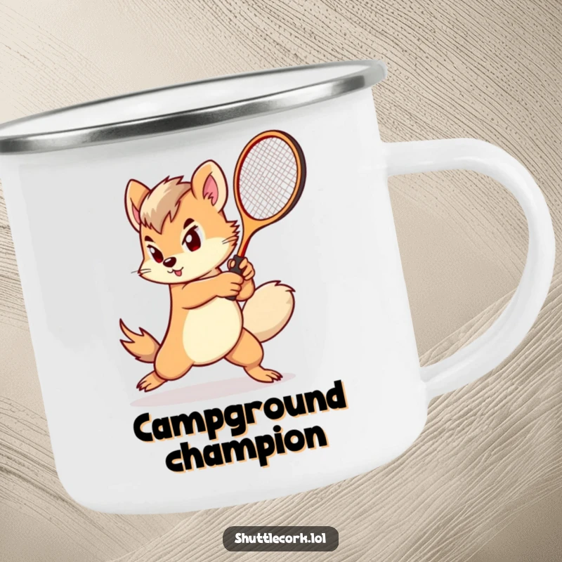 Funny camping mug: a determined creature with a fluffy tail swings a miniature racket with impressive speed, perfect for adventures.