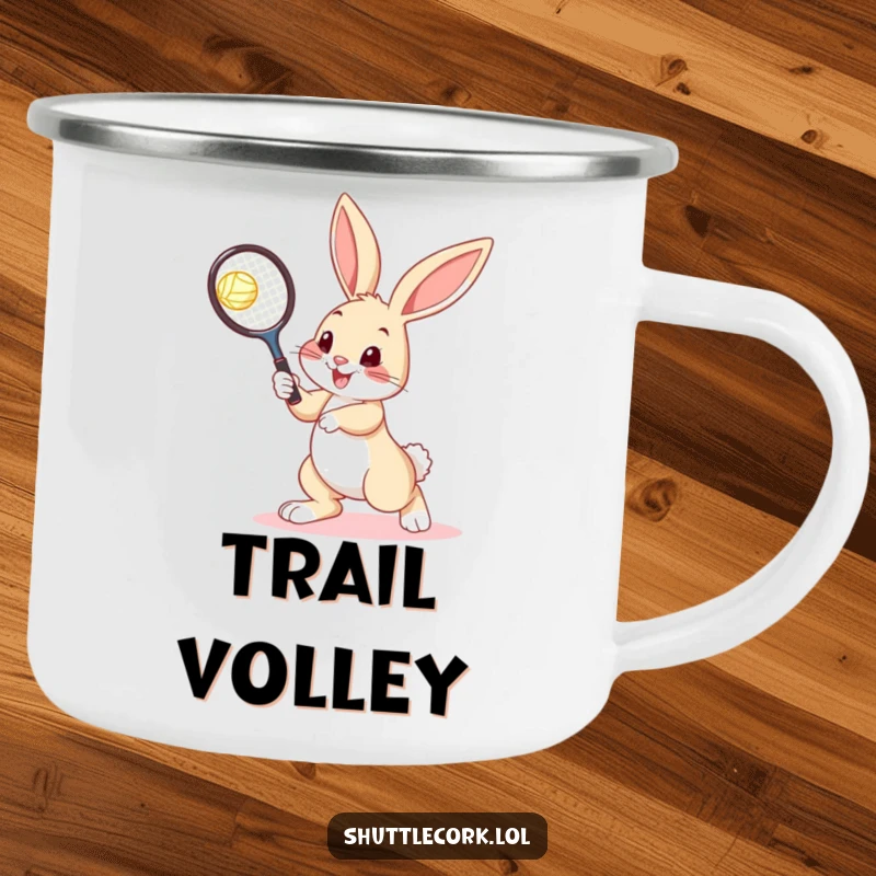 Funny bunny camping mug showing a bouncy bunny holding a tennis racquet, aiming at a shuttlecock, for outdoor sports fans.