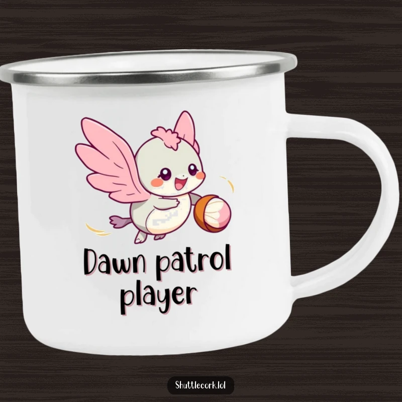 Funny camping mug: a speedy creature with tiny wings zips around a shuttlecock, perfect for active outdoor fun.