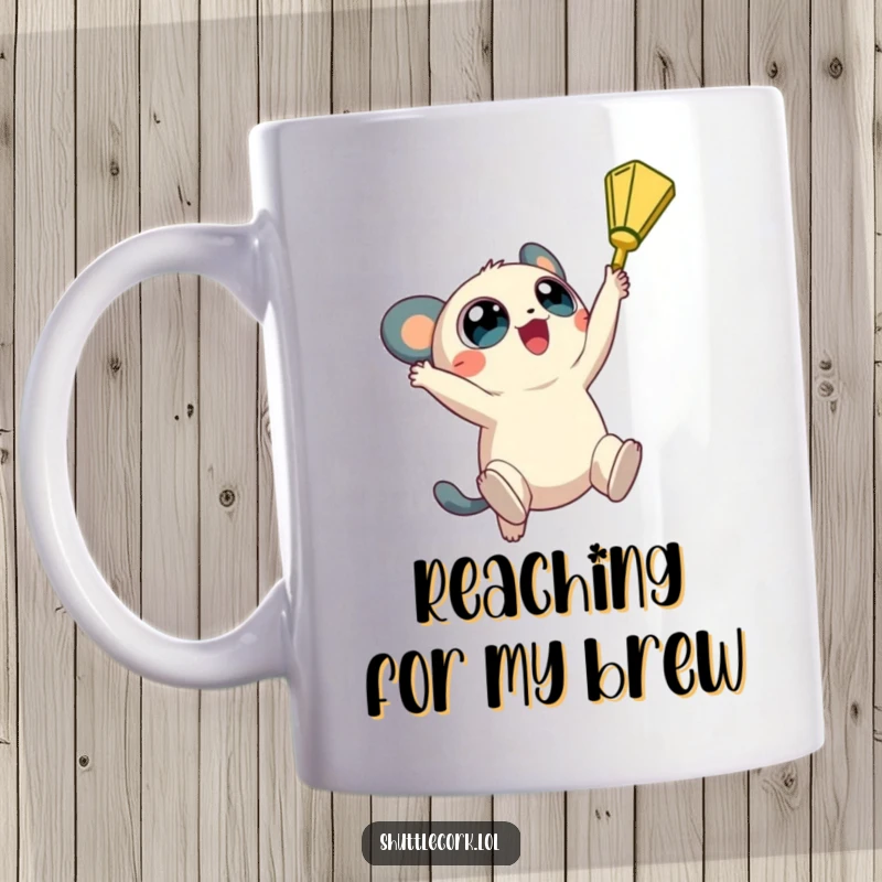 Funny mug: a creature with big, round eyes jumps high, reaching for a shuttlecock with hopeful excitement.