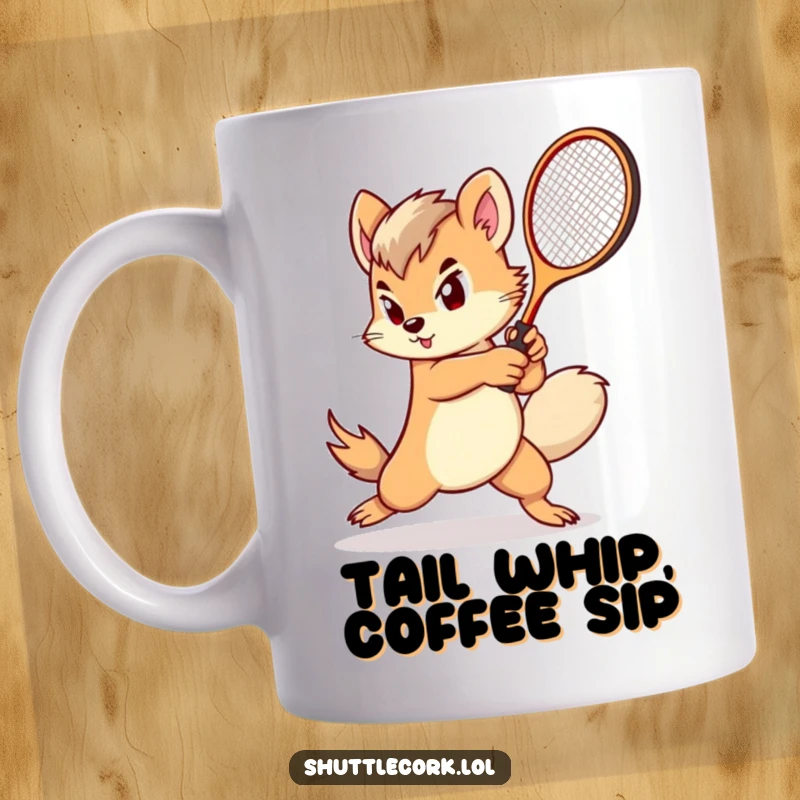 Funny mug: a determined creature with a fluffy tail swings a miniature racket with impressive speed and focus.