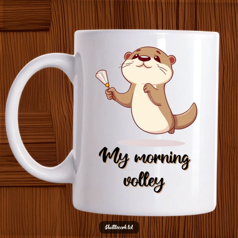 Funny otter mug showing an excited otter mid-air, paws outstretched to catch a shuttlecock in a playful badminton match.