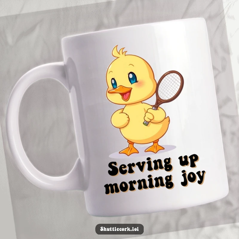 Funny mug featuring a cheerful duckling playfully hitting a shuttlecock with a tiny racquet, embodying lively sports enthusiasm.