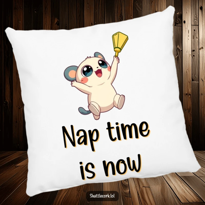 Funny pillow: a creature with big, round eyes jumps high, reaching for a shuttlecock, symbolizing ambitious dreams.