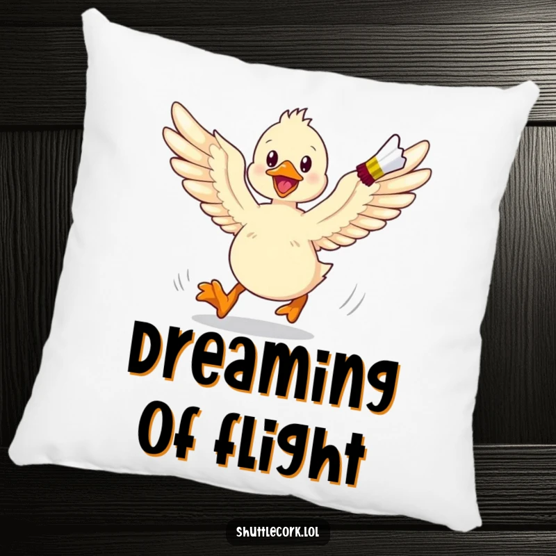 Funny pillow graphic of an energetic duckling with wings spread wide, joyfully chasing a shuttlecock, adding charm to any seating.