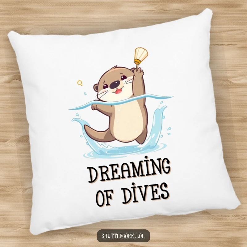 Funny pillow graphic of a playful otter diving with a splash to catch a shuttlecock, adding aquatic charm to any seating area.