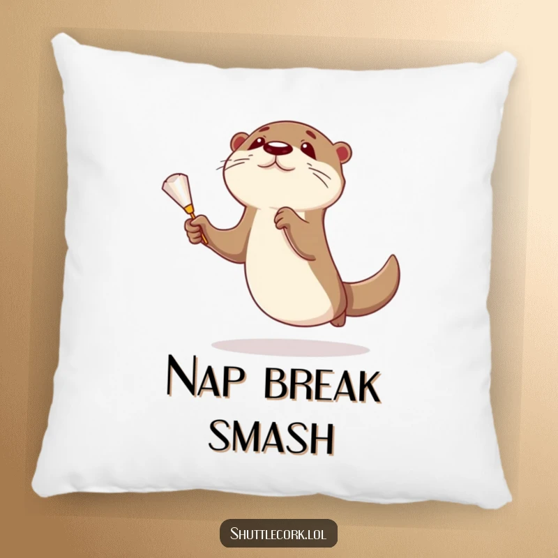 Funny otter pillow showing a curious otter leaping to catch a shuttlecock, adding a touch of playful sports humor to decor.