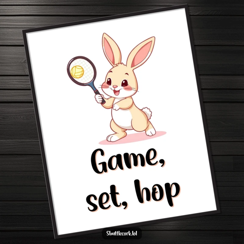 Funny bunny digital art print showing a bouncy bunny with a tennis racquet, aiming at a shuttlecock, full of energy.