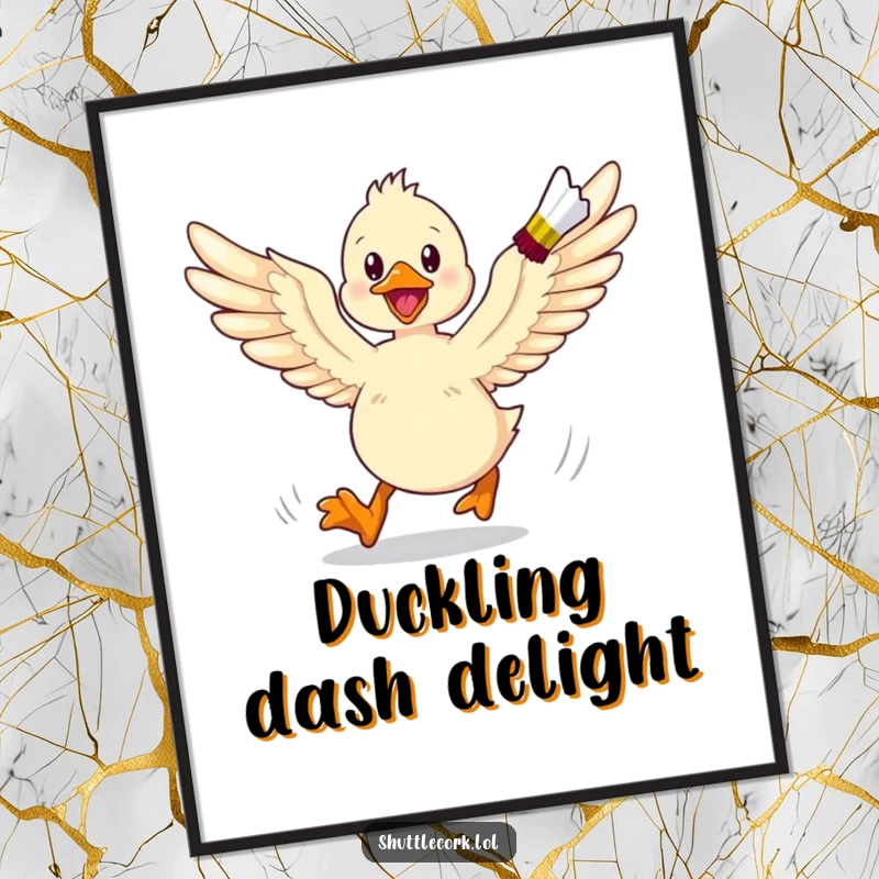 Funny digital art of an energetic duckling with wings spread wide, enthusiastically chasing a shuttlecock on a badminton court.