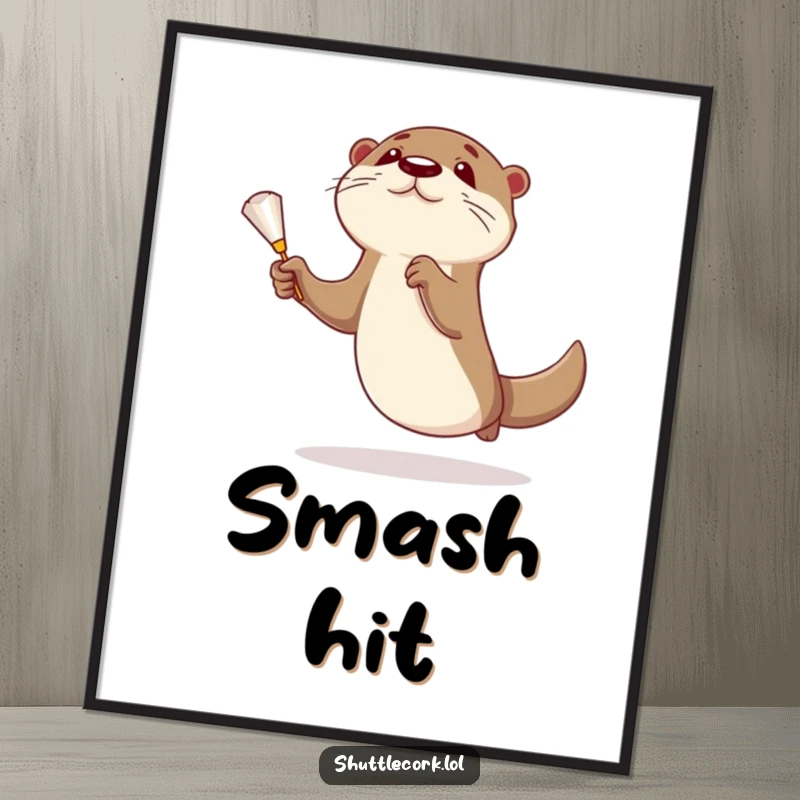 Funny otter digital art print showing a curious otter leaping dynamically to catch a shuttlecock, embodying sports enthusiasm.