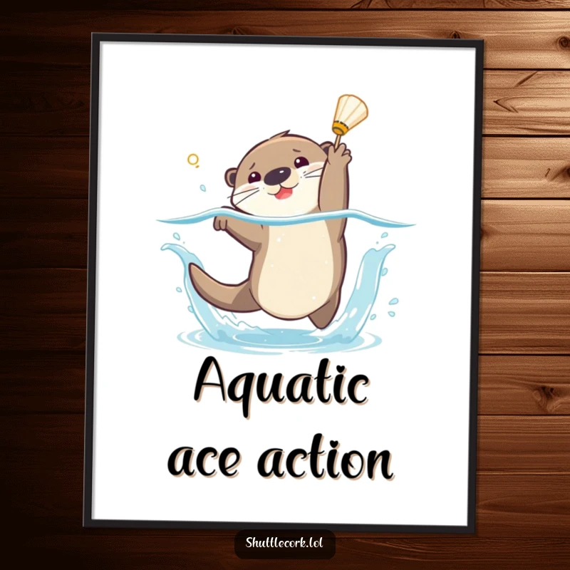 Funny digital art of a playful otter in mid-dive, creating a big splash as it reaches for a falling shuttlecock.