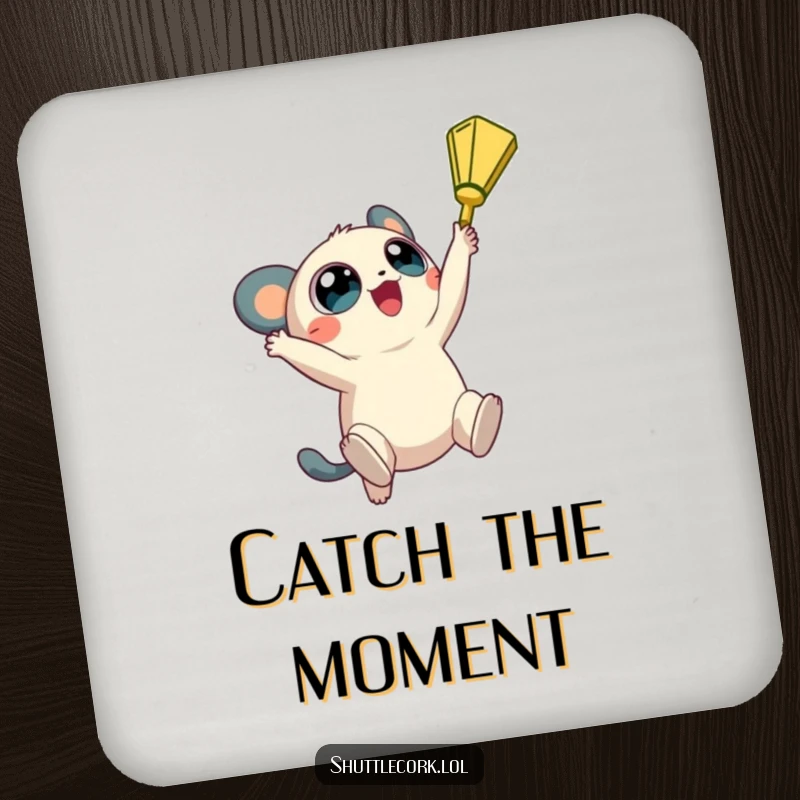 Funny drink coasters: a creature with big, round eyes jumps high, reaching for a shuttlecock with hopeful intent.