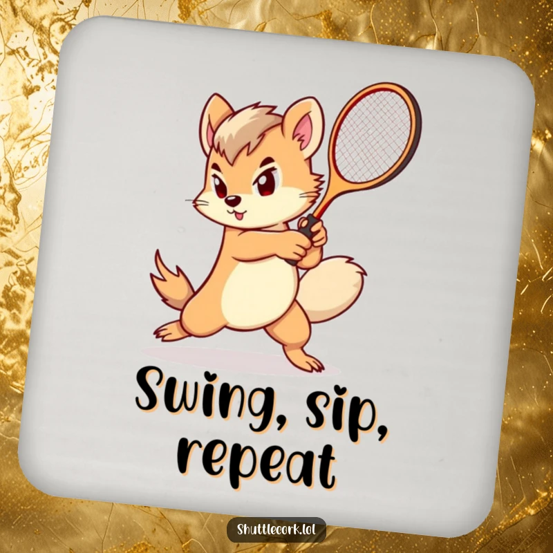 Funny drink coasters: a determined creature with a fluffy tail swings a miniature racket with impressive speed and focus.