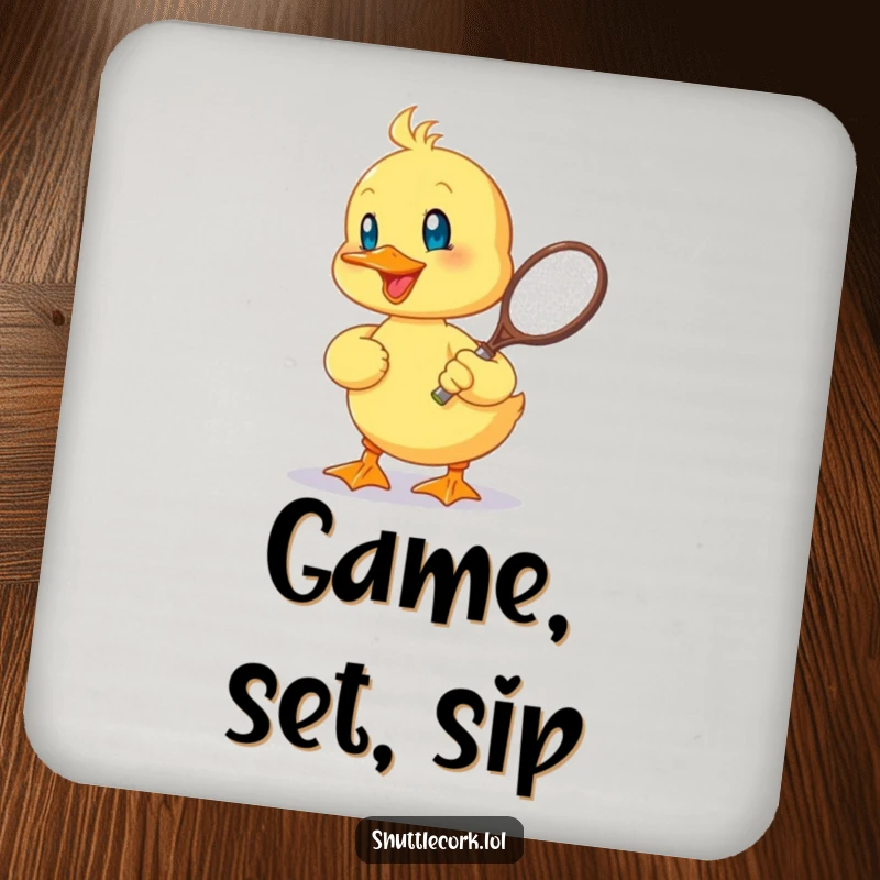 Funny drink coaster featuring a cheerful duckling hitting a shuttlecock with a tiny racquet, adding a playful and humorous sporting touch.