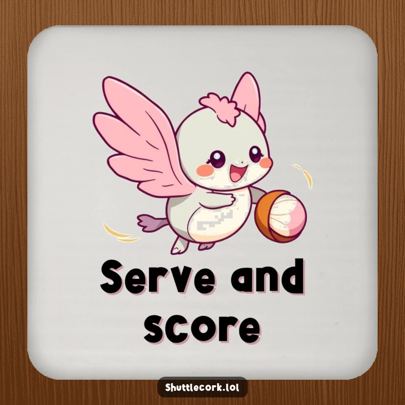 Funny drink coasters: a speedy creature with tiny wings zips around a shuttlecock, eyes sparkling with game excitement.