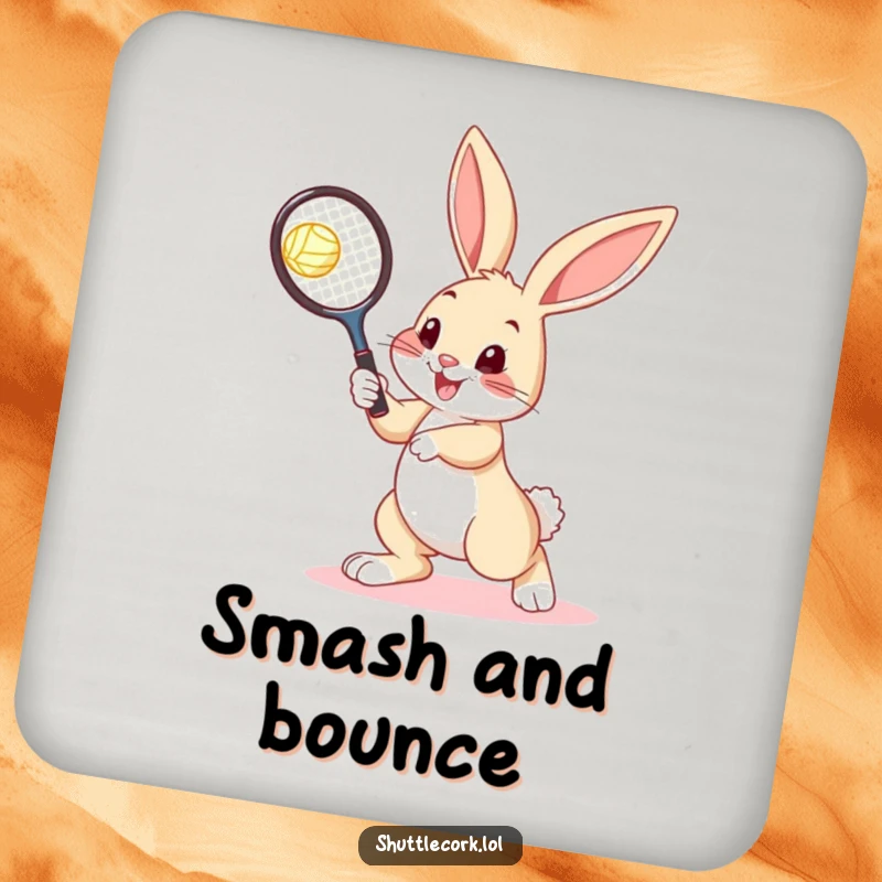 Funny bunny tennis coaster depicting a bouncy bunny holding a tennis racquet, ready to play, protecting surfaces.