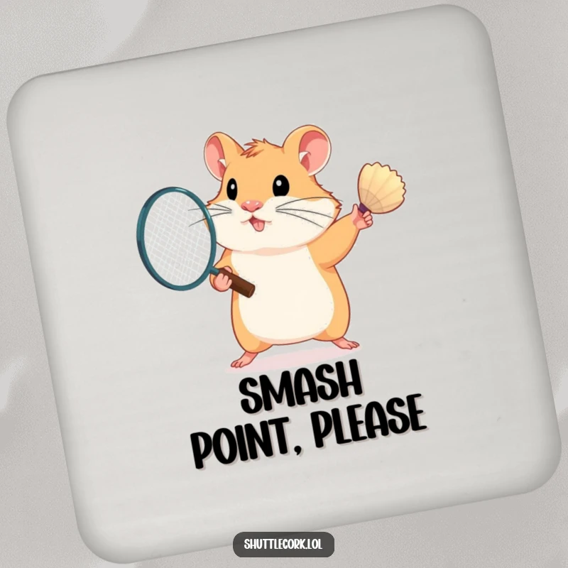 Funny drink coaster showcasing a determined hamster poised to swing a badminton racket, adding a playful touch to any table.