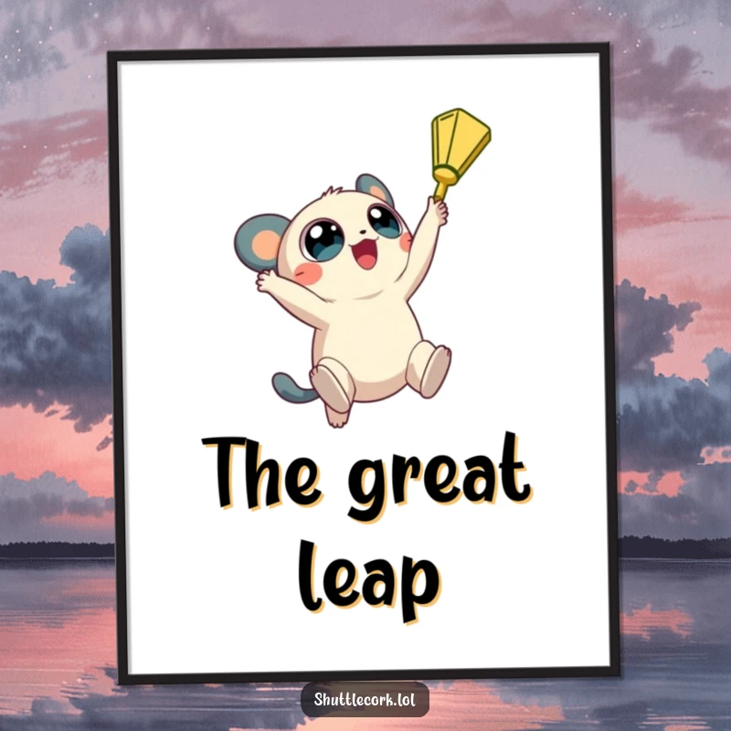 Funny poster: a creature with big, round eyes jumps high, reaching for a shuttlecock with wide-eyed aspiration.