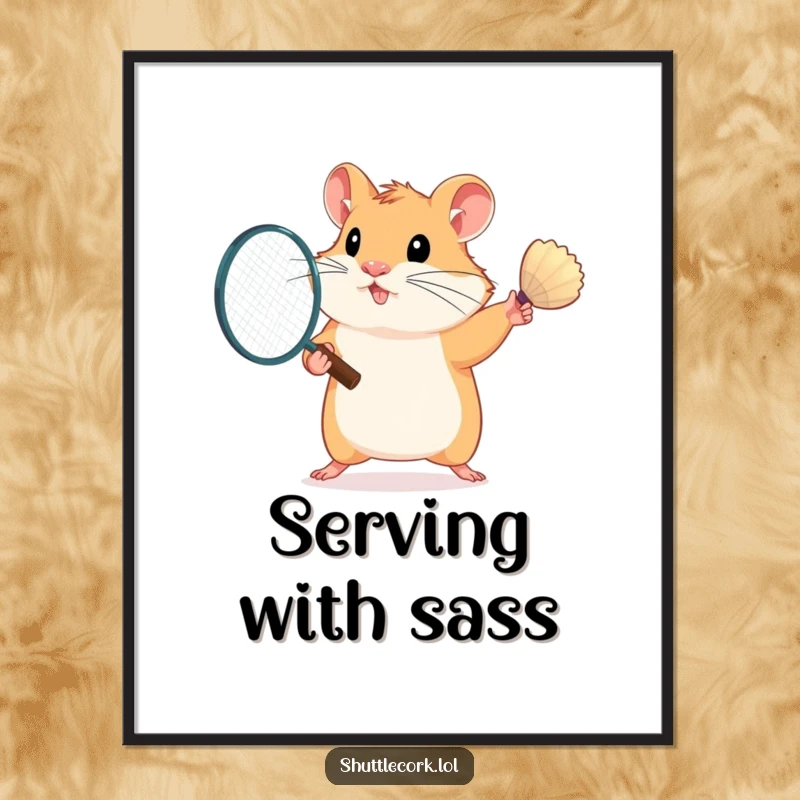 Funny poster art of a determined hamster, energetically swinging a badminton racket with all its might, showcasing athletic prowess.