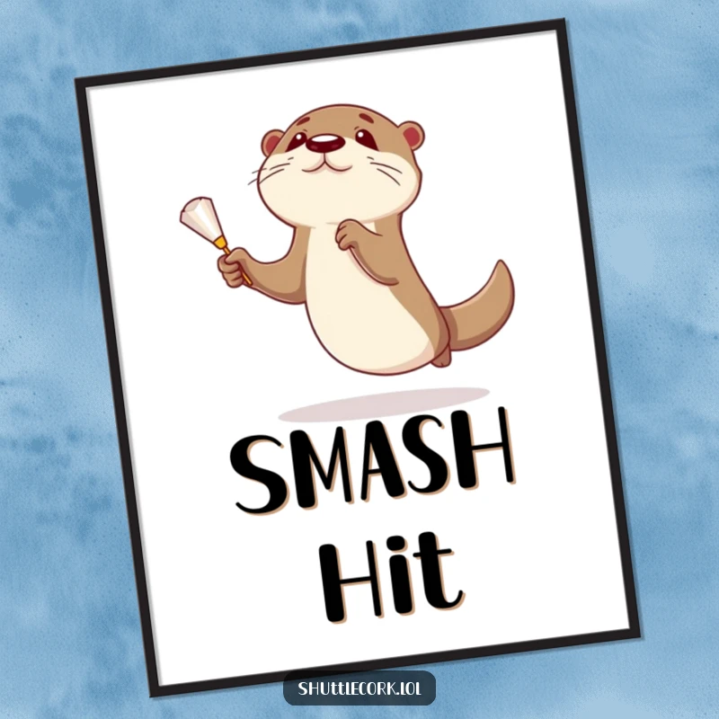 Funny otter poster depicting a curious otter in mid-air, paws outstretched to catch a shuttlecock, showcasing athletic humor.