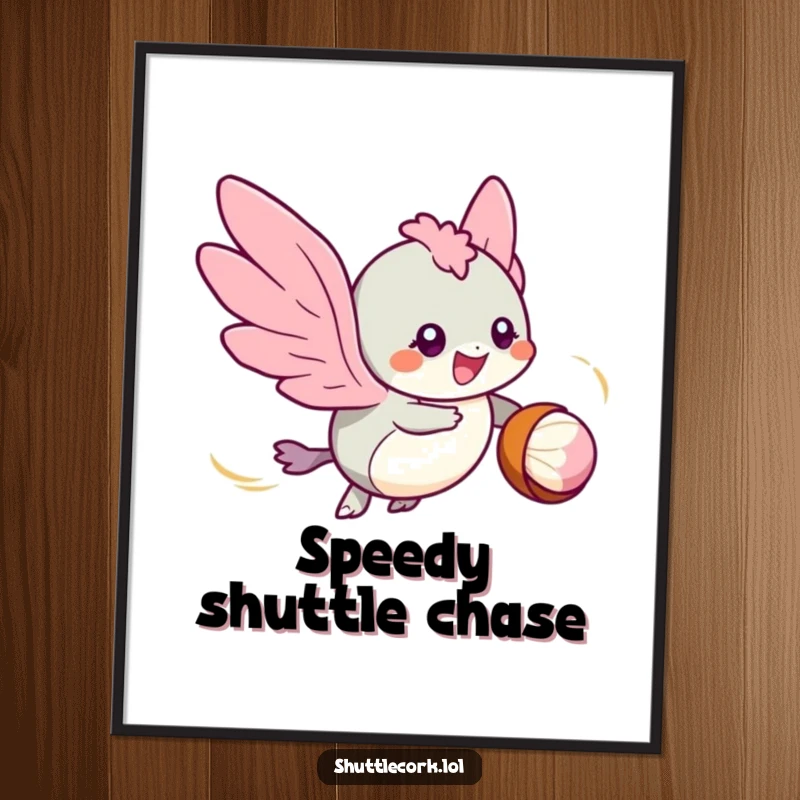 Funny poster: a speedy creature with tiny wings zips around a shuttlecock, eyes sparkling with intense gaming excitement.