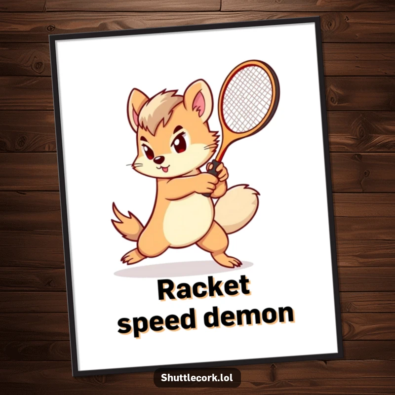 Funny poster: a determined creature with a fluffy tail swings a miniature racket with impressive speed and focus.