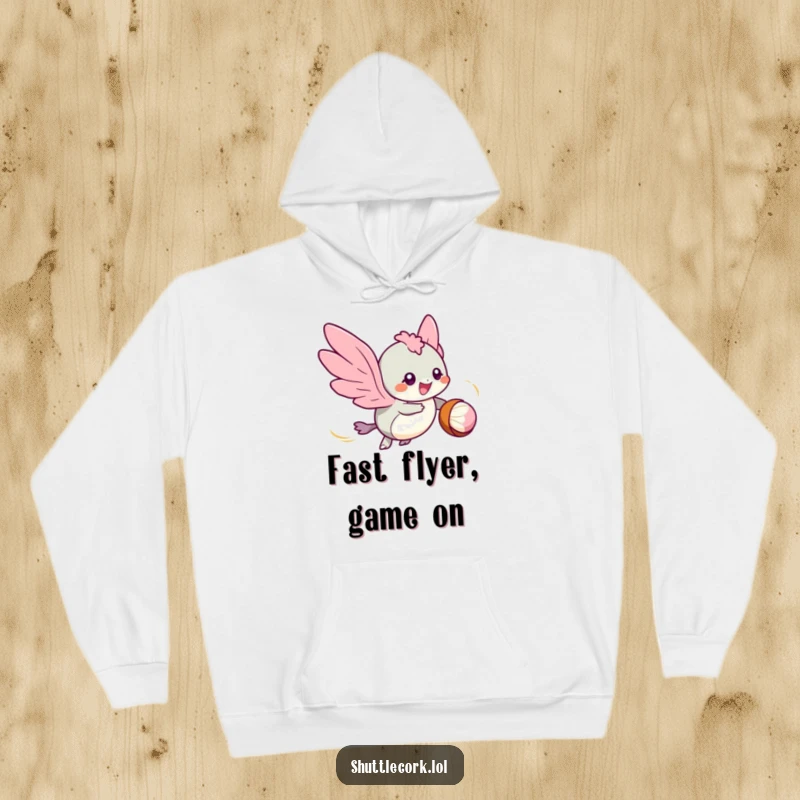 Funny hoodie: a speedy creature with tiny wings zips around a shuttlecock, eyes sparkling with pure badminton joy.