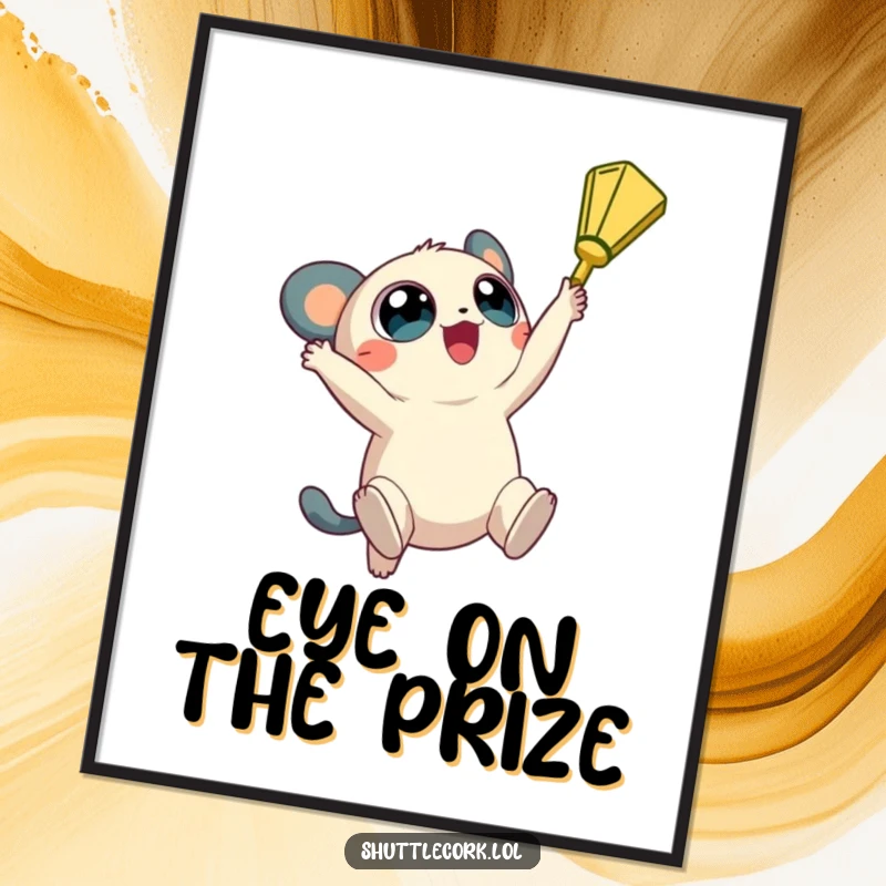 Funny Free Printable Wall Art: A creature with massive, round eyes jumps high, reaching for a shuttlecock with hopeful excitement.