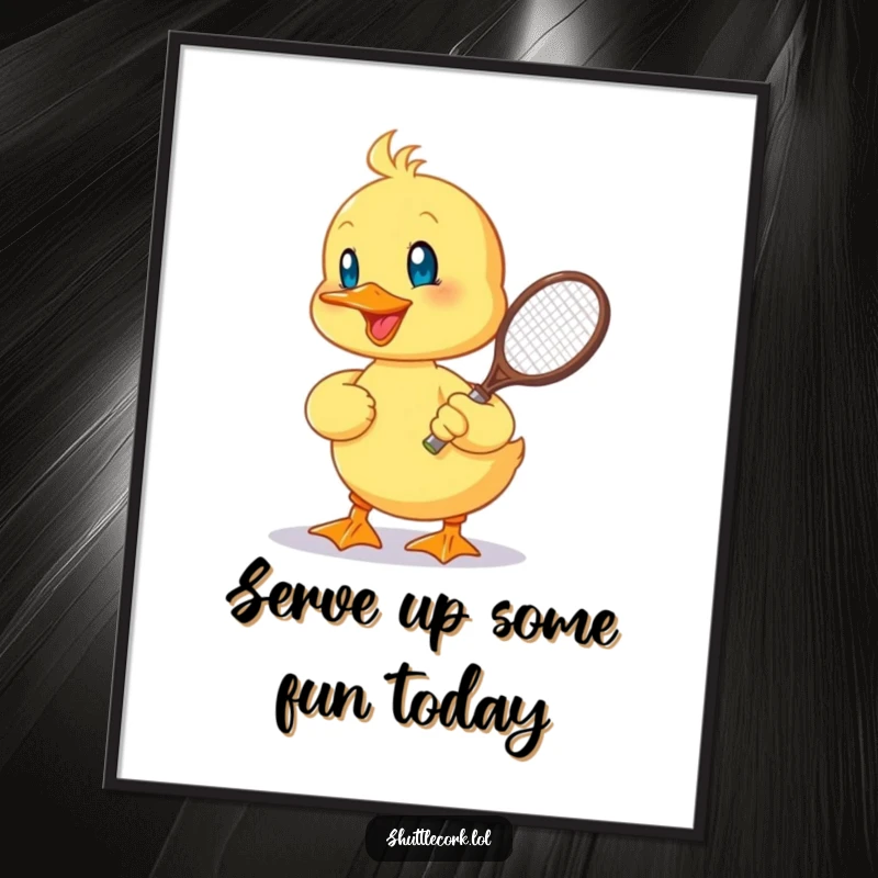 Funny Free Printable Wall Art: A cheerful duckling energetically plays badminton with a tiny racquet. Sporty and cute.