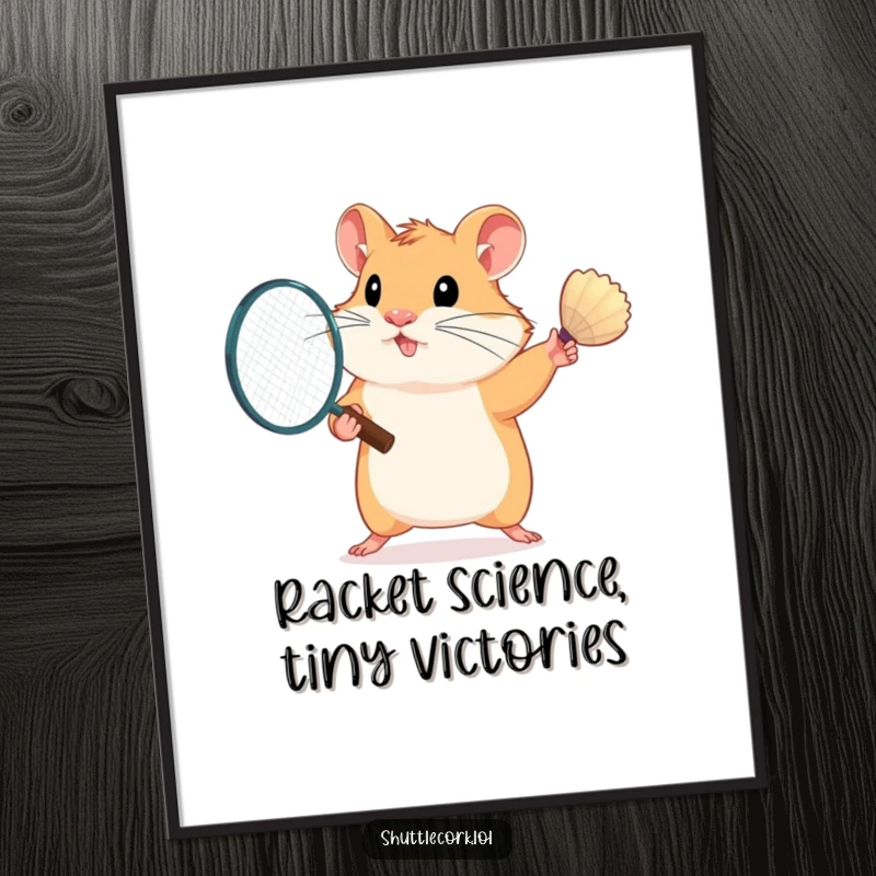 Funny Free Printable Wall Art: Determined hamster mid-swing with a badminton racket, a comical depiction of athletic focus.