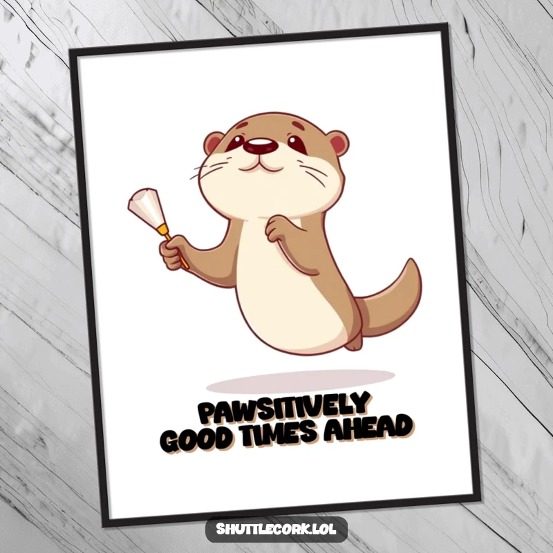 Funny Free Printable Wall Art: Adorable otter leaping to hit a shuttlecock with its paws, a badminton racquet nearby, whimsical and fun.