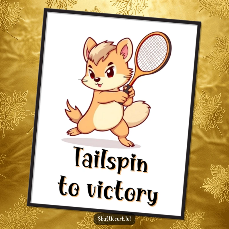 Funny Free Printable Wall Art: A determined creature with a fluffy tail swings a miniature racket with impressive speed and focus.