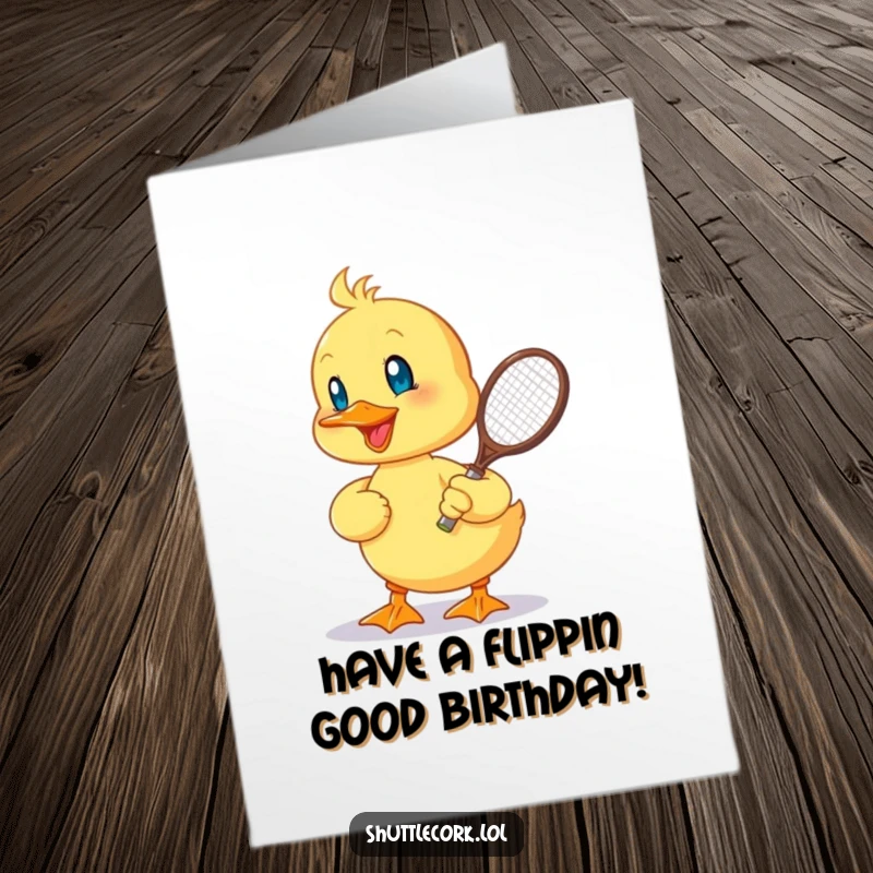 Funny Free Printable Birthday Card: A cheerful duckling hits a shuttlecock with a tiny racquet. Energetic birthday fun.