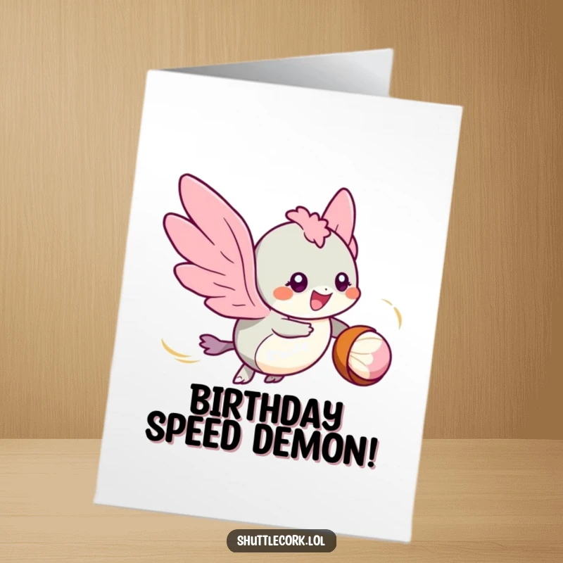 Funny Free Printable Birthday Card: Fast winged creature zipping around a shuttlecock, eyes sparkling with pure birthday excitement.