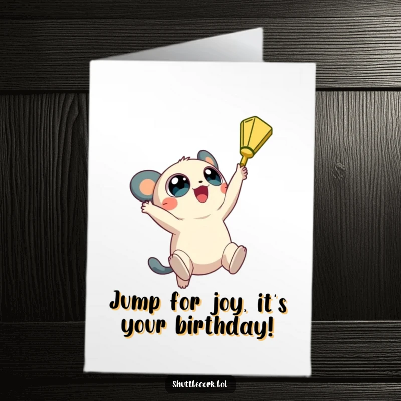 Funny Free Printable Birthday Card: Creature with huge round eyes jumping high, reaching for a shuttlecock with excitement.