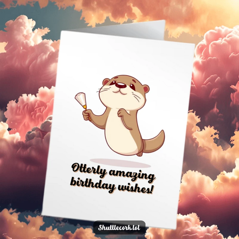 Funny Free Printable Birthday Card: Curious otter leaping mid-air, paws outstretched, trying to hit a shuttlecock, badminton racquet nearby.