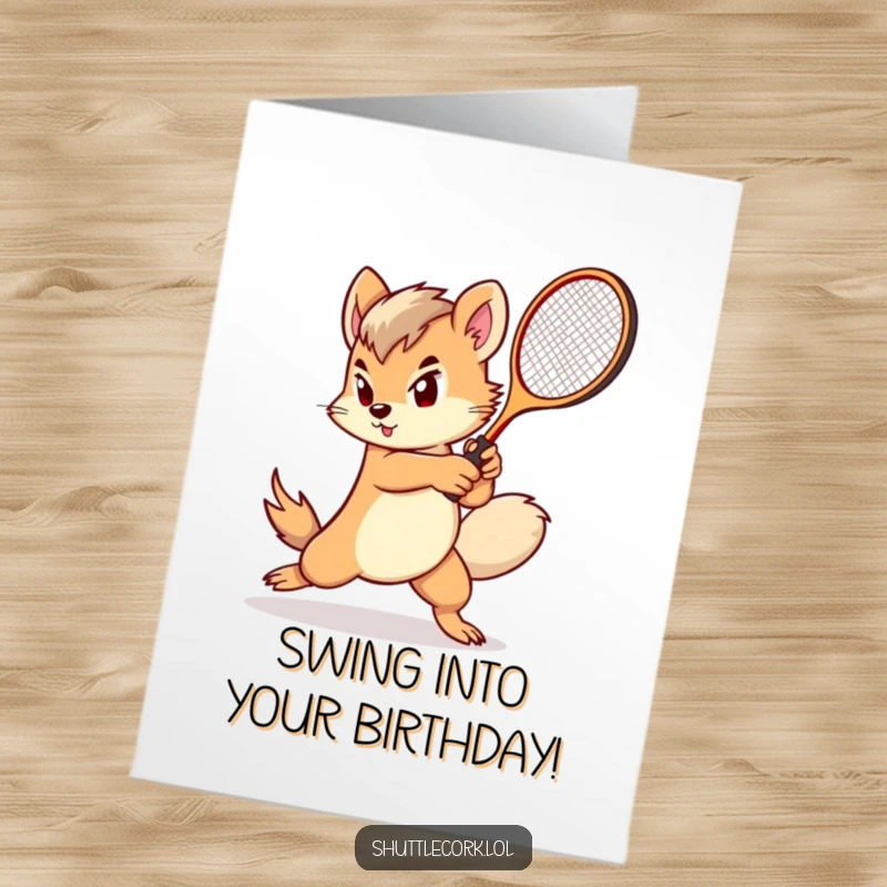 Funny Free Printable Birthday Card: Determined creature with a bushy tail swings a tiny racket at high speed, ready for fun.