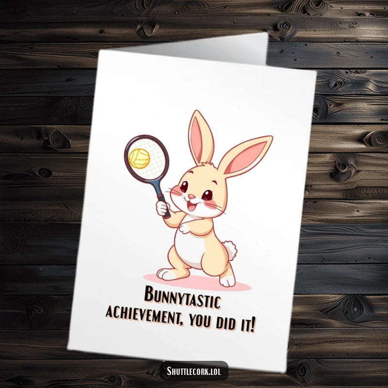 Funny Free Printable Congratulations Card: A cute, bouncy bunny holding a racquet, aiming to hit a shuttlecock, celebrating a victory.