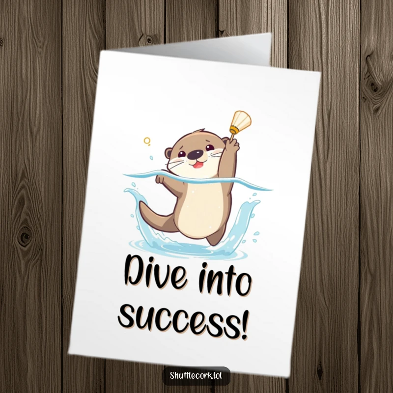 Funny Free Printable Congratulations Card: Otter surfaces from a splash, shuttlecock in mouth, celebrating a successful dive.