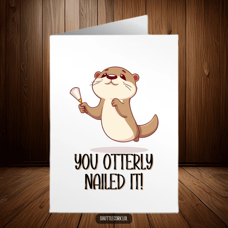 Funny Free Printable Congratulations Card: Energetic otter mid-jump, paws reaching for a shuttlecock, celebrating a win with badminton gear.