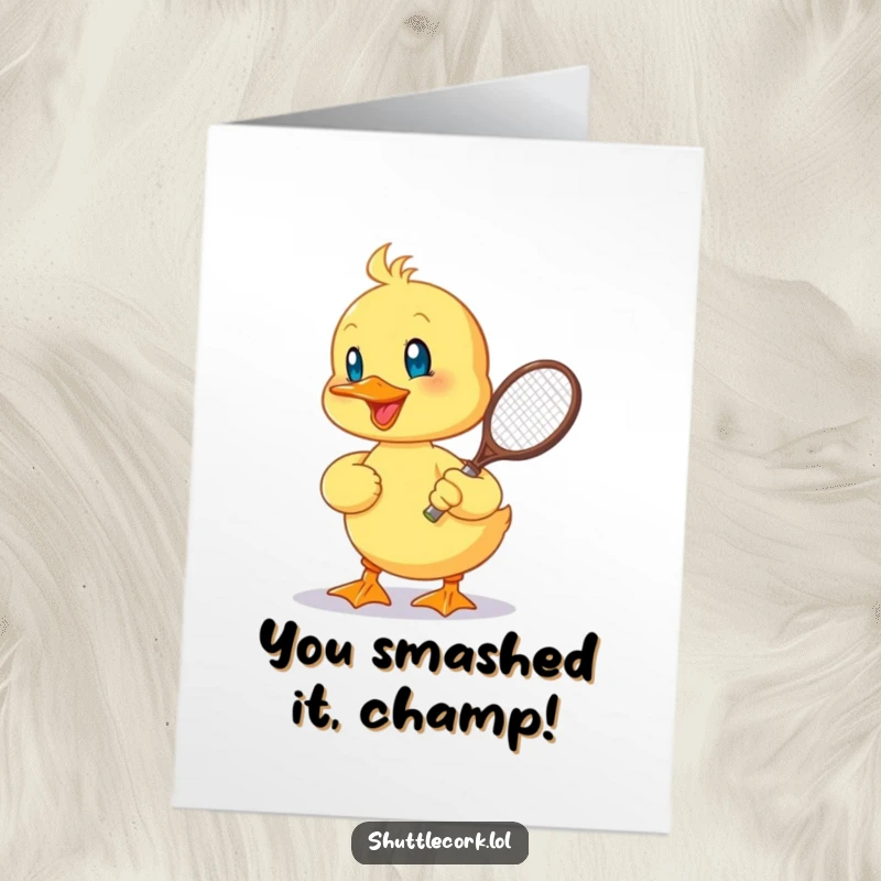 Funny Free Printable Congratulations Card: A cheerful duckling scores a point in badminton with a tiny racquet. Victory!