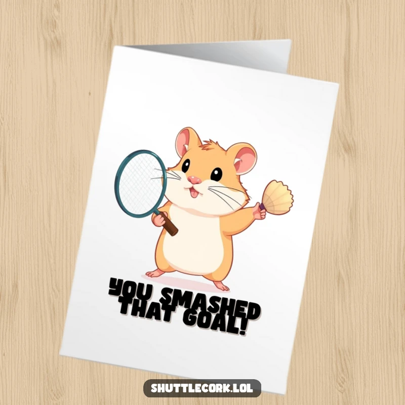Funny Free Printable Congratulations Card: Victorious hamster holding badminton racket, celebrating a win with joy and humor.
