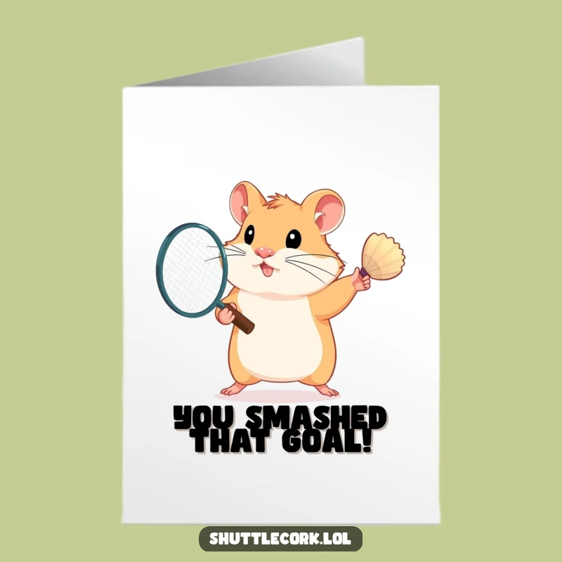 Free Printable Congratulations Card: Hamster Wins Badminton Match - Downloadable Funny Gift