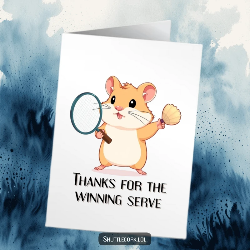 Funny Free Printable Thank You Card: Grateful hamster with badminton racket, sending thanks with a playful, humorous touch.